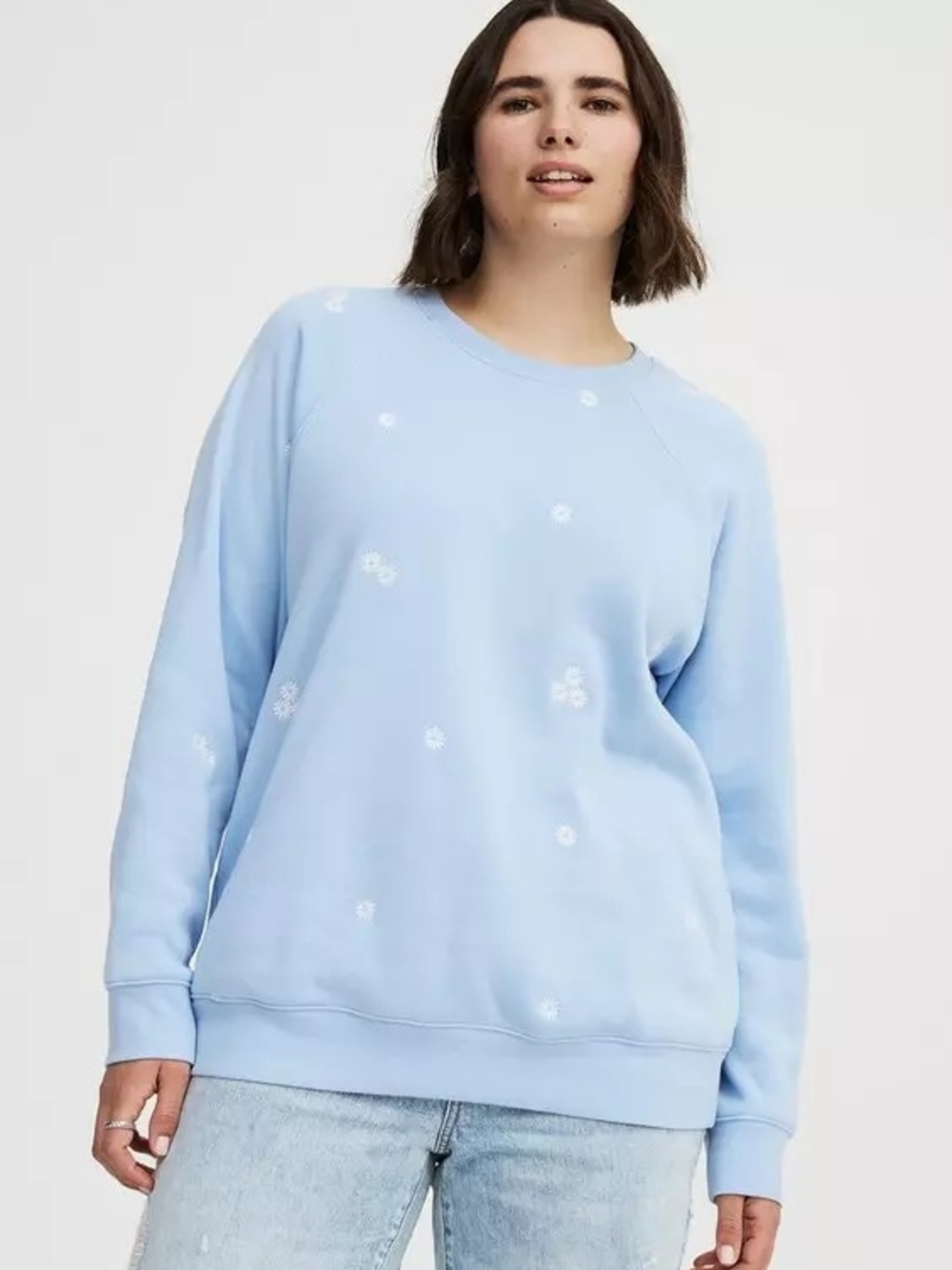 NWOT Torrid Cozy Fleece Raglan Sweatshirt - Tawny daisies floral light blue